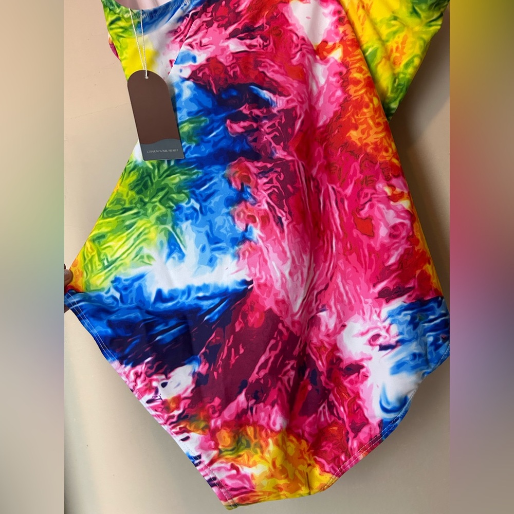NWT Smismivo Tummy Control 1 Piece Push Up Bathing Suit Size L Neon Swirl V-Neck - Picture 10 of 11